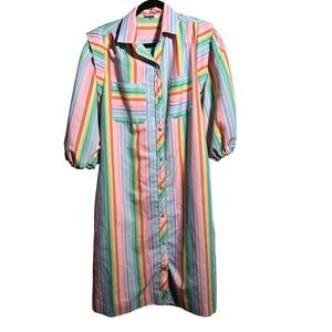VTG Rainbow Stripe Snap Button Midi Shirt Dress Puff Sleeves Model Coat Pastel L